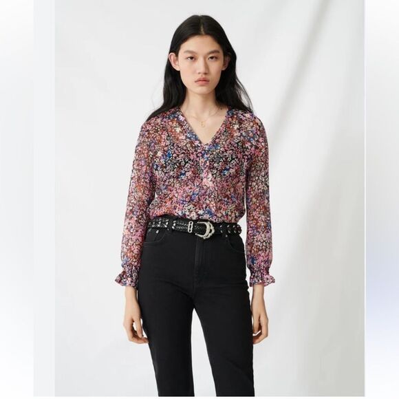 Maje Tops - MAJE 100% Silk Lehane Pink Floral Sheer Long Sleeve  Blouse Top Size S (1) NWT